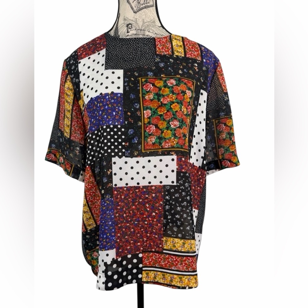 Notations Vintage Style Floral Patchwork Design Sheer Blouse Size M Made USA